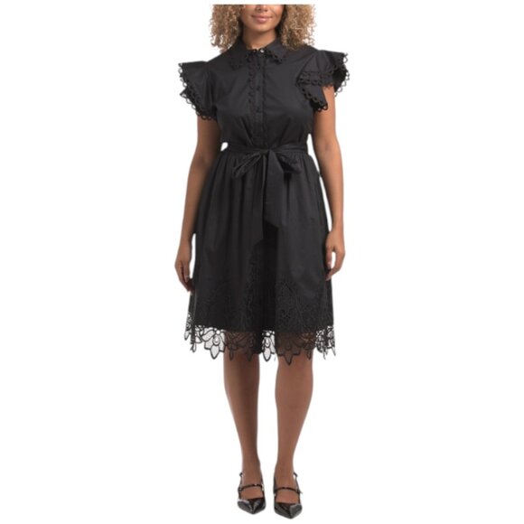 ELIE TAHARI Double Ruffle Short Sleeve Dress With Lace Trim Collar And Placket - Picture 1 of 2